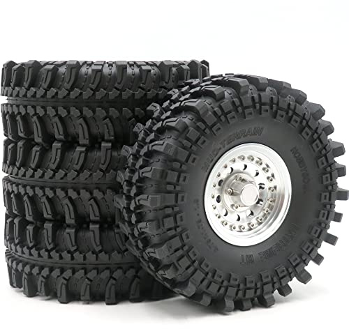 HOBBYSOUL 4 Stück RC 1.9 Mud Rock Crawler Truck Reifen super Grip Reifen Höhe 121 mm & Aluminium Heavy Duty 1.9 Beadlock Räder Hex 12 mm Felgen Silber