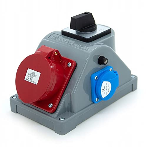 ELS Elektrotechnika Kombi Wandsteckdose CEE 32A 5P mit 1x Schuko 230V & Schalter 0-1 in einem Gehäuse. Stromverteiler Gartenverteiler für Outdoor-Bereich & Baustelle, Werkstätten und Fabriken, IP44