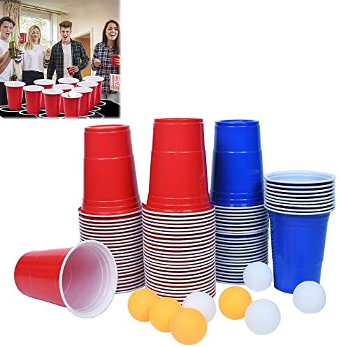AufuN [200+20 Premium Beer Pong Becher, Beerpong Partybecher, 100 Red Cups + 100 Blue Cups+20 Tischtennisbälle, Wiederholbare Trinkbecher Camping Cocktail Bier Weihnachten Geburtstag Hochzeit
