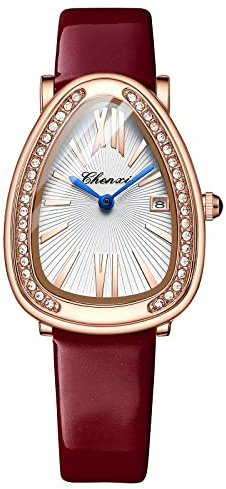JewelryWe Uhren Damen Analog Quarz Datum Kalender 30m Wasserdicht Armbanduhr Elegant Strass Schlangenkopf Form Beiläufige Uhr mit Echtleder Leder Armband Fuchsie