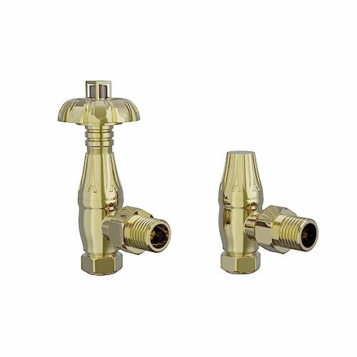 Warmehaus Traditional Antique Style Brass Thermostatic Radiator Valve Lockshield Heated Towel Rail Angled TRV Polished Brass