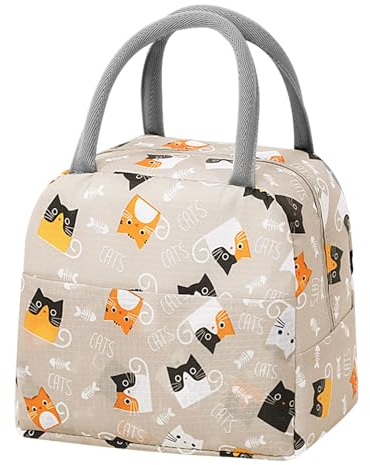 TIECHI Insulated Lunch Bag, Thermal Lunch Tote Bags for Women Men Kids Girls, Water-Resistant Thermal Leak-Proof Lunch Organizer for Work, School, Picnic, Outdoor (Light Coffee Cat)