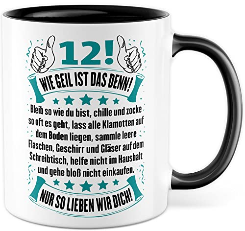 12 Tasse Geburtstag Geschenk Kaffeetasse zwölf lustige Geschenkidee Sohn Kaffee-Becher Humor chillen zocken Sp+U6ruch Teenager 12ter Familie Witz