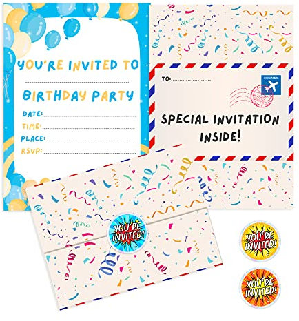 BestaFiesta 36 Kids Childrens Birthday Party Invitations Kids Invites with Folding Envelope Design and Holographic Stickers (Blue)