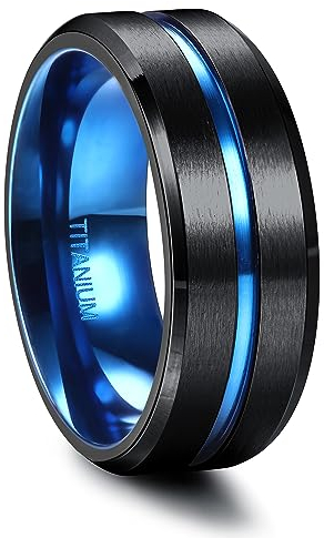 FIOROYAL G23 Titan Ringe Herren 8MM Ring Schwarz mit Blau Mittelrille Verlobungsring Mann Eheringe Titan Partnerringe Schwarz Männer Ringe Größe 70