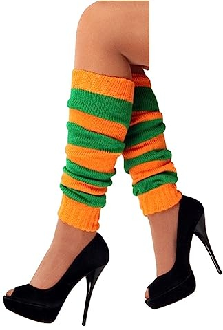 krautwear® Damen Beinwärmer Stulpen Legwarmers Overknees gestrickte Strümpfe 80er Jahre 1980er Jahre (1x orange-grün)