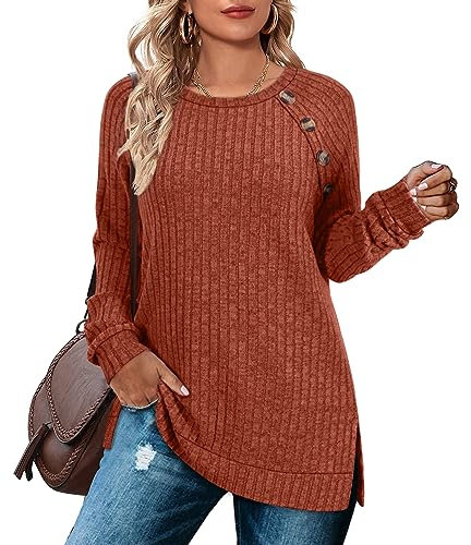 Aokosor Jumpers for Women Lightweight Long Sleeve Clothes Ladies Button Side Splits Tunic Tops Caramel Size 18-20