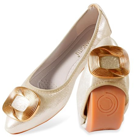 MACHSWON Women's Ballet Flats Sparkly Buckle Rhinestone Wedding Ballerina Shoes Foldable Portable Comfort Slip on Flat Walking Shoes(Gold-2, Size 9)