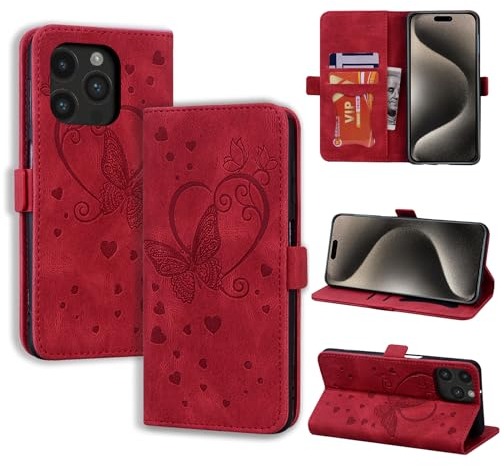 CASAFUNY Handyhülle für iPhone 15 Pro Max Hülle, PU Leder Tasche Cover mit Kartenfach Flip Case Magnetisch Klapphülle Schutzhülle für iPhone 15 Pro Max, rot