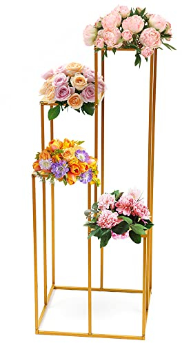 Hochzeit Blumenständer, 4 Ebenen Pflanzentreppe Hochzeit Herzstücke, MetallSäule Vasen Hoher Boden Vase, Metall Eckig Blumensäule Flower Stands Blumenständer Blumenhocker, Gold, 40x40x100cm