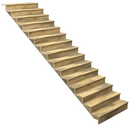 Escalera Exterior de Madera - 15 Peldaños Macizos - Ancho = 1m20 - Peldaños Cortables - con Contrahuellas - Pino del Norte - Tratado en Autoclave