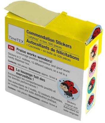 TimeTEX - Belobigungs-Aufkleber Marienkäfer | Lehrersticker für motivierendes Feedback | 500 Sticker in praktischer Spender-Box | Verschiedene Motive und Hintergründe | 19 mm ø