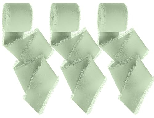 4cm x 15m Chiffonband, Schleifenband, Geschenkband Breit, Satinband, Stoff Chiffonband, Hochzeit Stoffband Fransenband für Geschenk Verpackung, Hochzeit Dekor, Urlaub Dekor (Salbeigrün)