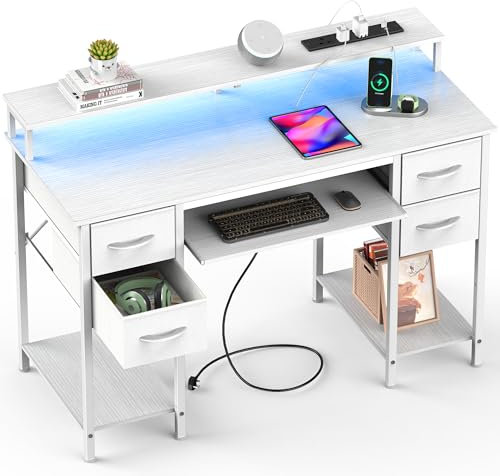 Yornoli 120CM Computer Desk with 4 Fabric Drawers Gaming Desk with LED Lights & Power Outlets for Small Spaces Home Office Desk with Monitor Stand for Bedroom (White)