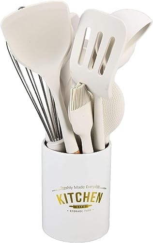 Wusdayer Juego de 12 utensilios de cocina, juego de utensilios de cocina de silicona, color blanco, estilo nórdico, minimalista, antiadherente, kit de utensilios de cocina para utensilios de
