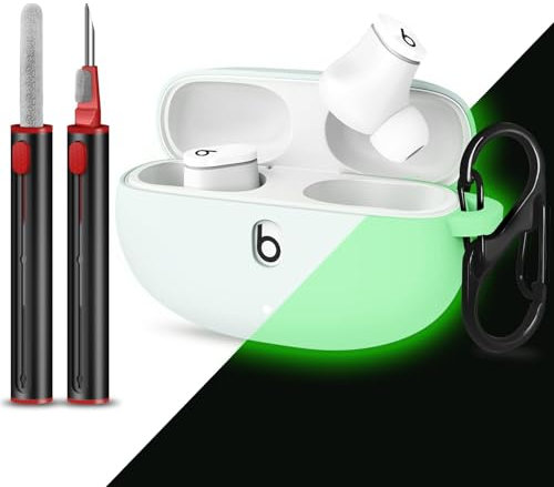 MOLOVA Silicone Case Cover for 2021 New Beats Studio Buds with Clean Pen, Anti-Lost Shockproof Protective Case Cover for Beats Studio Bud Easy Carrying Replacement Case with Carabiner(Luminous Green)