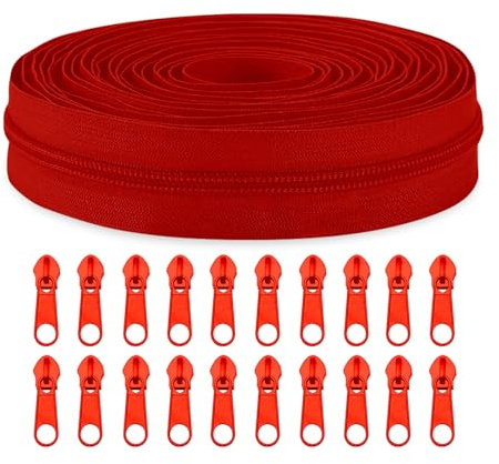Sawoake Cerniere #3 a Spirale in Nylon a Metro Sfuso 9,14 m con 20 Cursori per Cerniere per Cucito Fai-da-Te Sartoria Artigianato Borse Abbigliamento Tessuti Casa...(Rosso Intenso)