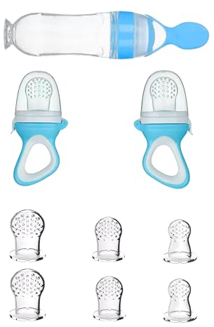 MoCho® Fruchtsauger, Obstschnuller Zum Befüllen, Fütterungsflasche - 2 Stück, 8 Ersatzsauger, Baby Geschenkset, BPA Frei (Blau)