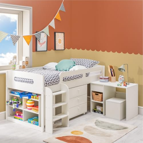 Home Treats Cabin Bed Mid Sleeper Single Bed Frame With Drawers Desk Bookshelf & Ladders White Storage Bed For Kids Children Teenagers (Bed Frame - No Mattress)