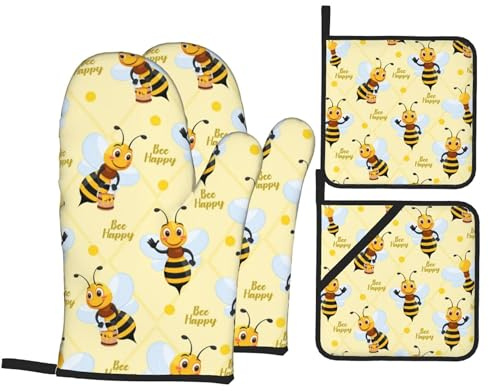 Cute Bee Oven Mitts and Pot Holders Sets, Bee Happy Kitchen Gloves Oven & Potholders, Heat Resistant Hot Pads and Oven Mittens for Cooking BBQ Baking