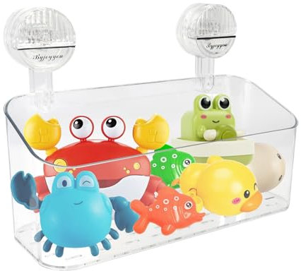 Gzsekken Bath Toy Storage Basket,Bathtub Toy Clear Bath Toy Holder Toy Tidy Caddy Suction Cup No-Drilling Plastic Bath Caddy Tray for Toys Quick-Drain-Drying Shower Toy Organizer for Bathroom
