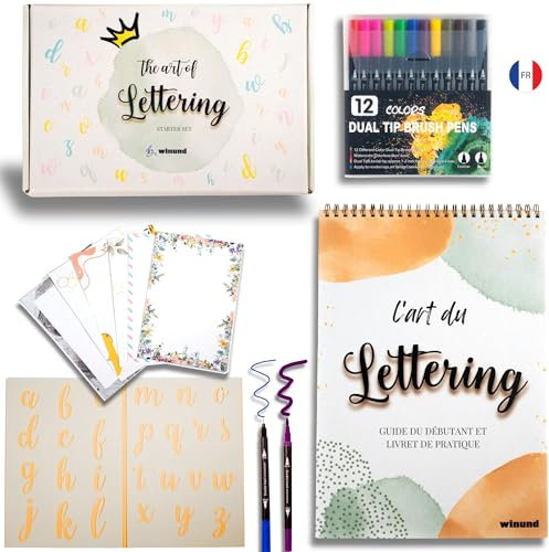 Winund Handlettering Starter Set – Komplettes Handlettering Übungsheft mit Stiften und Postkarten – Kreativ Set für Kinder und Erwachsene, ideal als Geschenk für Mädchen (DEUTSCH) (FRENCH)