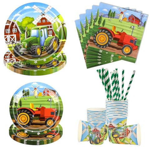 Aitsite 50 Stück Bauernhof Traktor Partygeschirr Set, Traktor Partyteller Geburtstag für 10 Gäste, Traktor Geburtstag Geschirr, Traktor Party Deko Set, Kindergeburtstag Teller Becher Servietten