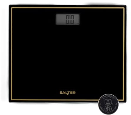 Salter Compact Bathroom Scale, Digital Bodyweight Scale, 150 Kg | Easy Read LCD Display, Step-On Instant Readings, Glass Platform, Slim Compact Storage, Battery Included, Black/Gold Finish