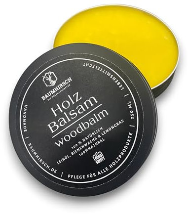 Baumhirsch Holz Balsam lebensmittelecht zertifiziert – 100% Natürliches Holzwachs farblos ohne Zusatzstoffe made in Germany - Bienenwachs & Leinöl – Möbelpolitur für Holz und Möbel (250ml, Lemongras)
