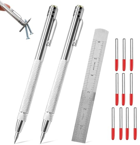 UESDU Anreissnadel Set, 2 Stück Wolframcarbid Stift mit 10 Stück Reißnadel Metall Ersatzspitzen und Stahllineal Anreißnadel Anreißwerkzeug für Glas, Keramik und Gehärteten