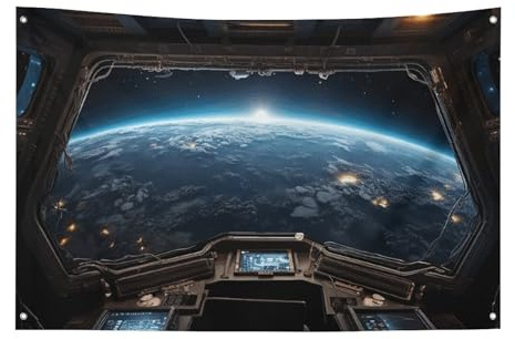 Weltraumansicht vom Raumschiff Flagge mit 4 Ösen, strapazierfähiges Polyester, einseitige Flaggen, wetterbeständige Banner für Wohnheim, Partys, Filme, Festivals, Dekoration, 88,9 x 149,9 cm