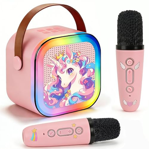 Karaoke con 2 Micrófonos Inalámbricos, Unicornios Regalo para Niñas | Bluetooth 5.3, 4 modos LED rítmicos, 4 efectos de voz, autonomía 5-8h, entrada TF/USB/AUX, carga tipo C