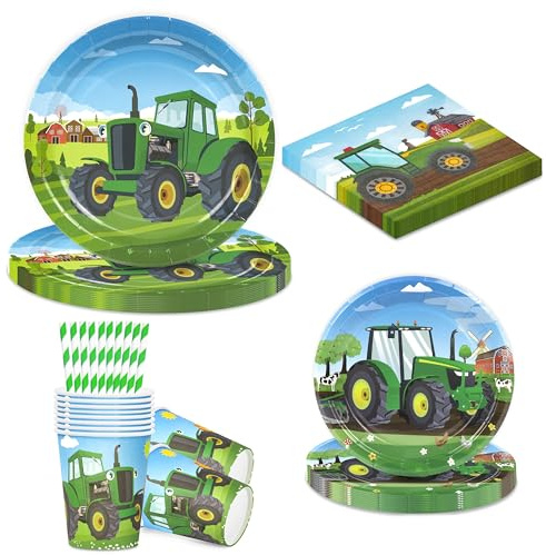 BuyCard Bauernhof Deko Set 60-tlg. für 10 Gäste – Traktor Geburtstagsparty | 60-teiliges Partygeschirr für 10 Gäste – Teller, Becher, Servietten im Traktor-Design. Bunt & fröhlich für jede Feier