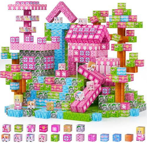 Magnetic Building Blocks, 150PCS Magnetic Block Cubes Tile Creative 3D Building Princess Castle Toys Gifts Game for Girls Kids Age 3 4 5 6 7 8 10 Play Pink