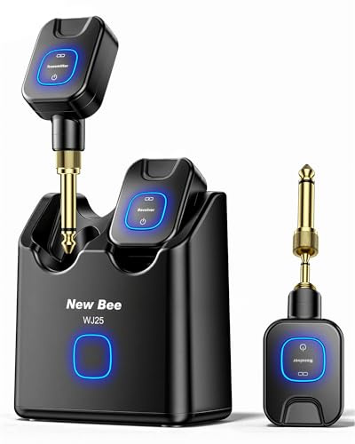 New Bee 5.8GHz Kabelloses Gitarrensystem mit Ladebox | Wireless Guitar System mit 2 Arten von Steckern 6 Audio Kanälen Sender Empfänger für E-Violine, E-Gitarre, Bass