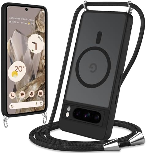 Yoedge Magnétique Coque pour Google Pixel 8 Pro 5G avec Cordon,Compatible avec MagSafe, Étui Mat Translucide Rigide PC + TPU Bumper Antichoc Protection Housse avec Réglable Collier Laniere Case, Noir