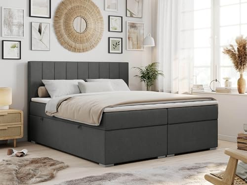 MKS MEBLE Boxspringbett mit 2 Bettkästen, Polsterbett mit Matratze H3 und Topper Visco, Bett 180x200 cm mit Kopfteil - Dunkelgrau Strukture - H3 - Ally