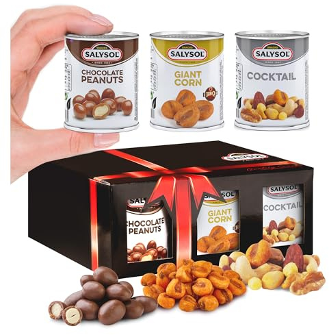 Salysol 6 Pack Mini Can Snack Variety – 2 BBQ Giant Corn 30g, 2 Chocolate Peanuts 50g, 2 Spicy BBQ Cocktail 50g – Gift Box Snack Set for Men and Women