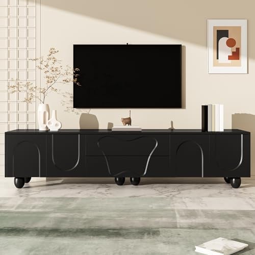 RAPRAP Meuble TV Lowboard 180 cm avec tiroirs et 2 portes, un meuble TV minimaliste et élégant, table de télévision, meuble TV pour un salon élégant,Noir