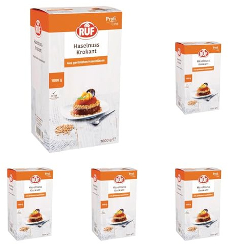 RUF Haselnuss-Krokant, geröstete Haselnüsse karamellisiert, knuspriges Topping für Frankfurter Kranz, Torten, Eis und Gebäck, glutenfrei & vegan, 1x1000g (Packung mit 5)