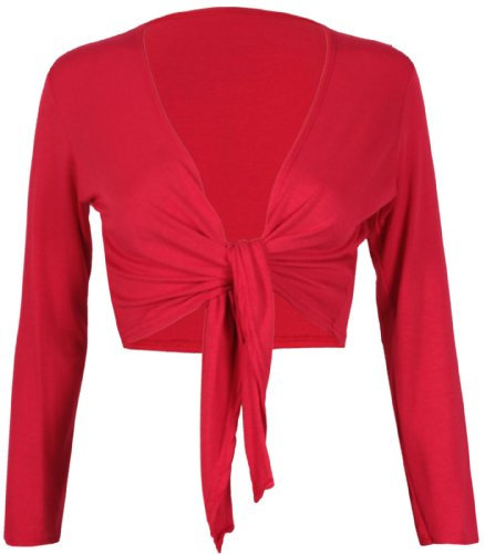 Womens Long Full Sleeves Ladies Stretch Bolero Cropped Cardigan Front Tie Knot Shrug Top Red 12-14