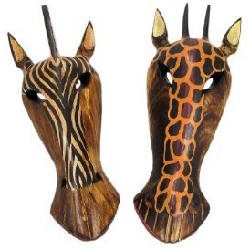 WorldBazzar 10 Pair of Giraffe and Zebra Hand Carved Tribal Head Masks