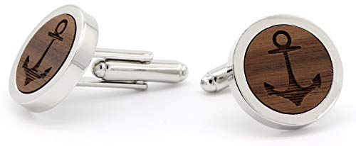 NaturSchatulle Manschettenknöpfe Herren Holz Gravur Anker 1 Paar Silber Manschettenknopf Rund Hochzeit Anzug Männer Cufflinks for Men