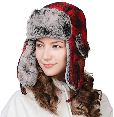 FANCET Unisex warme Fliegermütze Winter weiche Trappermütze mit Kunstfell Winddicht Rot S/M