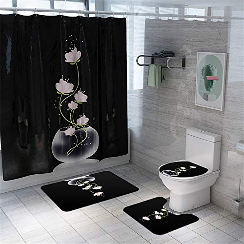 Enhome Juego de 4 Piezas de Alfombra de baño Antideslizante + Tapa de Inodoro + Alfombrilla de baño + Cortina de Ducha, Estampado Floral (Loto Blanco)