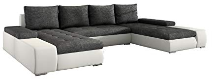 MOEBLO Ecksofa mit Schlaffunktion mit Bettkasten Couch U-Form Polstergarnitur Wohnlandschaft Polstersofa mit Ottomane Couchgranitur - LARINO (Dunkelgrau + Weiß (Sawana 05 + Soft 17)