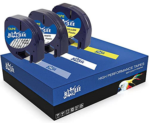 RINKLEE Schwarz auf Weiß/Transparent/Gelb Kunststoff Etiketten Schriftband Kompatibel mit LT-100H LT-100T LT-110T QX50 XR XM 2000 Plus | 12 mm x 4 m | 3 Kassetten