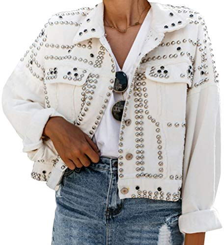 Onsoyours Giacca in Jeans Donna Giubbotto di Jeans Abbottonato Corto Giubbotto Denim Casual con Rivetto Denim Jacket Autunno Inverno Bianco L