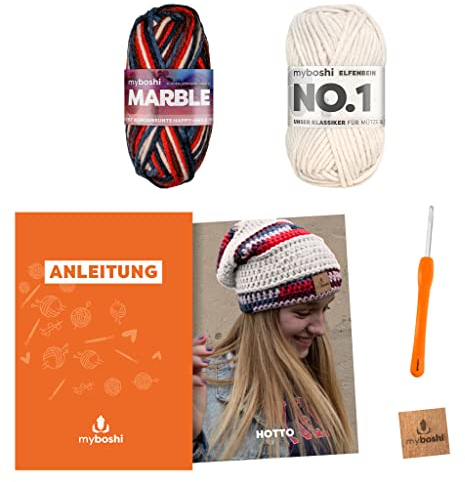 myboshi Häkelset Beanie Hotto, Ink. Marble und No.1 Wolle, Nadel und Anleitung, für Mütze und Schal, Häkelpaket, 30% Merinowolle Beige mit Häkelnadel
