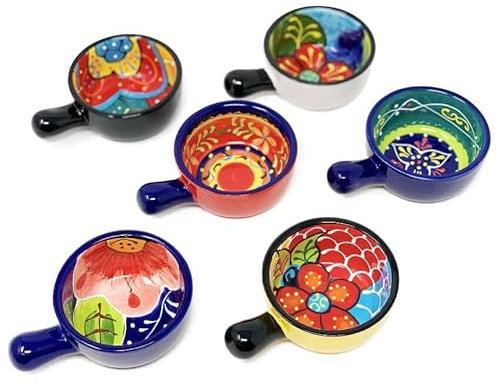 Verano Spanish Ceramics Classic Spanish Hand Painted Decorative Floral Pattern Serving Small Tapas Dishes with Handles - Set of 6